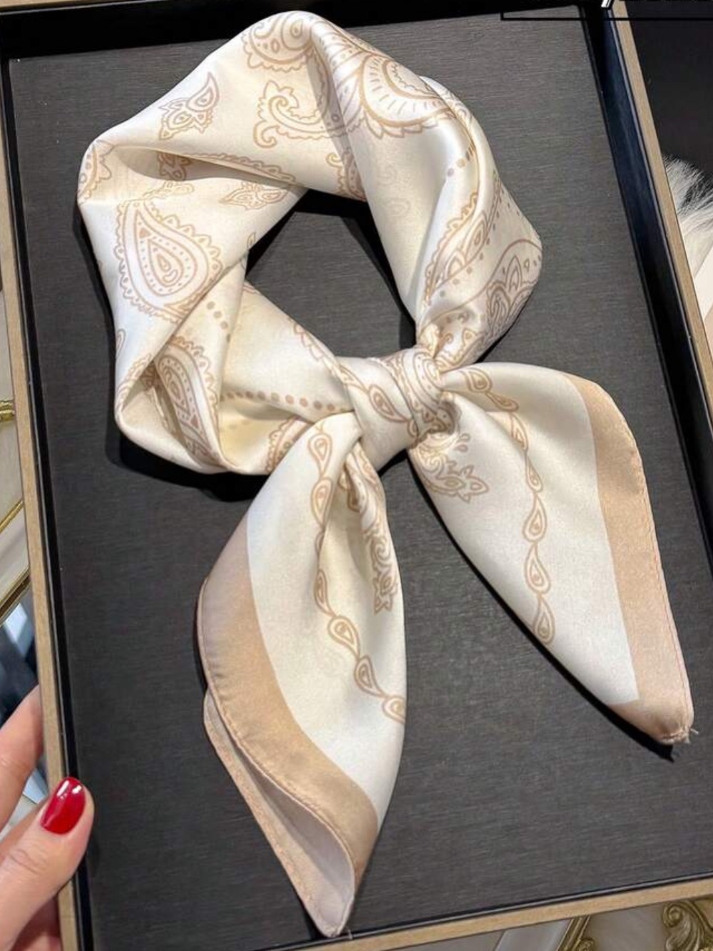 Khaki & Cream Paisley Silky Scarf | Hair Bandana 27.5”